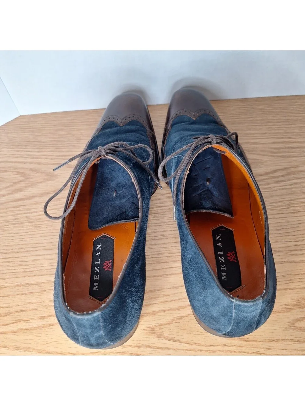 MEZLAN Men's 10.5 M Blue Suede Brown Leather Wingtip Oxford Dress Shoes Spain